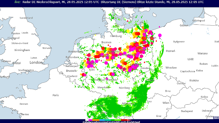 Diese Karte zeigt die Wetterlage in Deutschland um 14:05 Uhr: Die farbigen Punkte bedeuten Gewitter, die grünen Flächen zeigen Regen an
