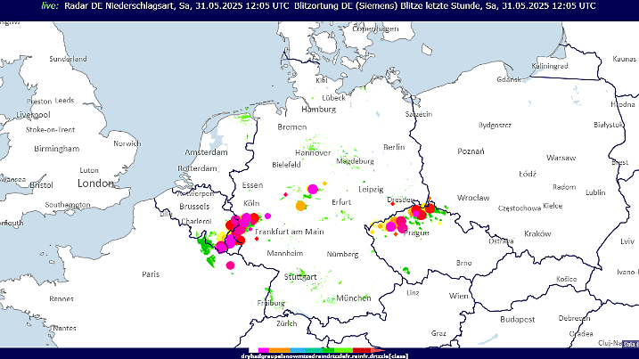 Niederschlagsartradar um 14:05: Die farbigen Markierungen zeigen, wo die Gewitter toben