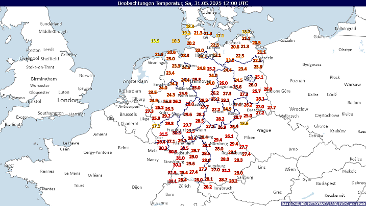 Temperaturen in Deutschland um 14:00 Uhr: Mehrere Messungen zeigen ungefähr 31 Grad