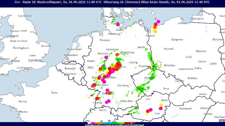 Diese Grafik zeigt wo die Gewitter um 13:40 Uhr aktiv sind