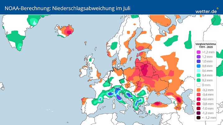 Im Gegensatz zum trockenen und heißen wetter.de-Ansatz verfolgt die NOAA-Vorhersage für den Juli eine gemäßigtere Variante.