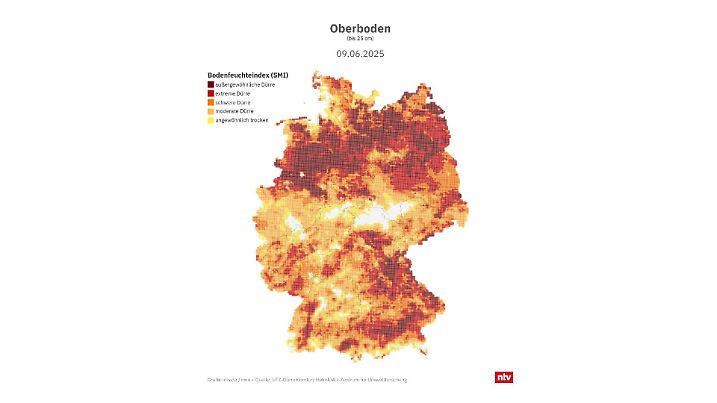 Auf dieser Karte wird der aktuelle Bodenfeuchteindex des Oberbodens bis 25 cm Tiefe in 5 Trockenklassen dargestellt.