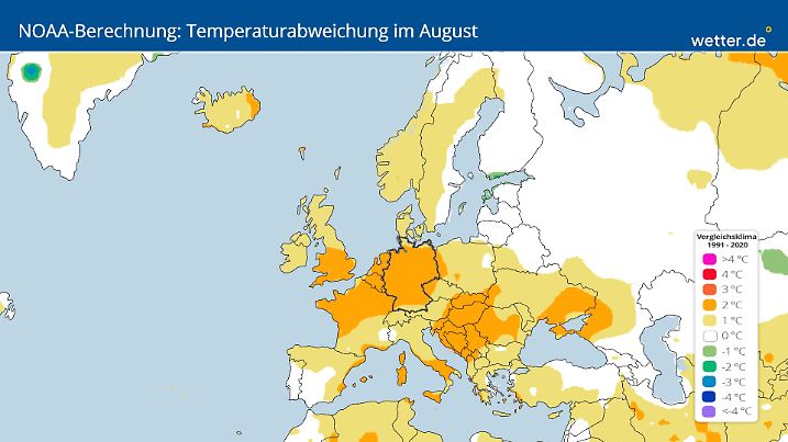 Prognostizierte Abweichung der Temperaturen im August: auch zu warm, aber nicht so dramatisch wie es auch sein könnte.