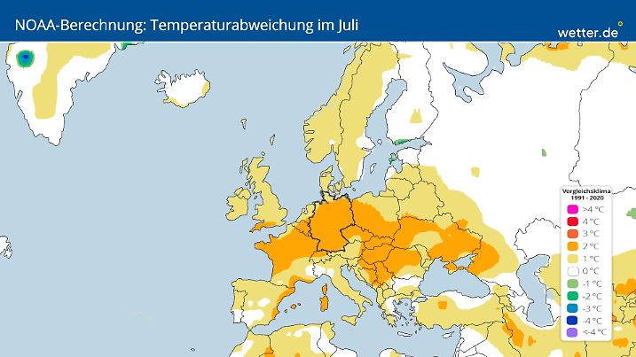 Prognostizierte Abweichung der Temperaturen im Juli: zu warm, aber im Rahmen des Klimawandels ok.