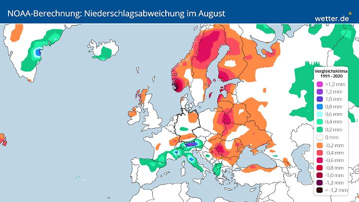 Prognostizierte Abweichung der Niederschlagsmenge im August: gar nicht so krass.