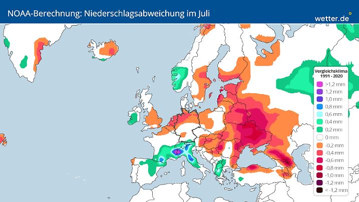 Prognostizierte Abweichung der Niederschlagsmenge im Juli: der Norden darbt.