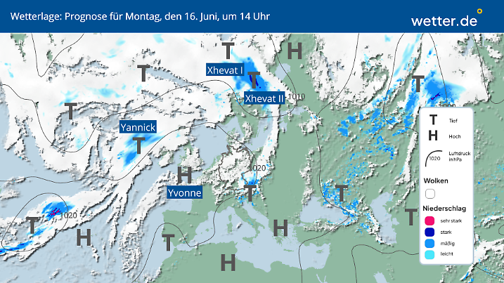 Die Wetterlage von Montag, dem 16. Juni, zeigt Sonnenschein über Deutschland durch Sommerhoch Yvonne.