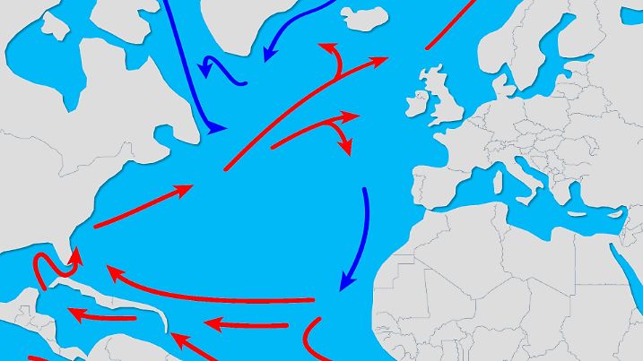 Rote Pfeile zeigen das warme Wasser, blaue das kalte Wasser der Zirkulation.