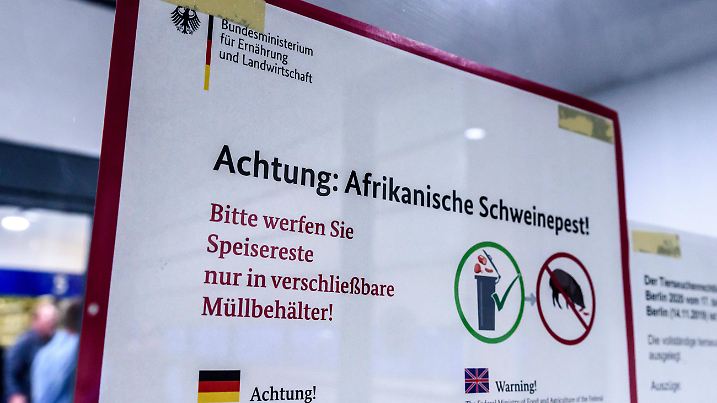 Hinweis zur afrikanischen Schweinepest vor der Tier-Halle anlässlich der 85. Internationale Grüne Woche Berlin, Messe f
