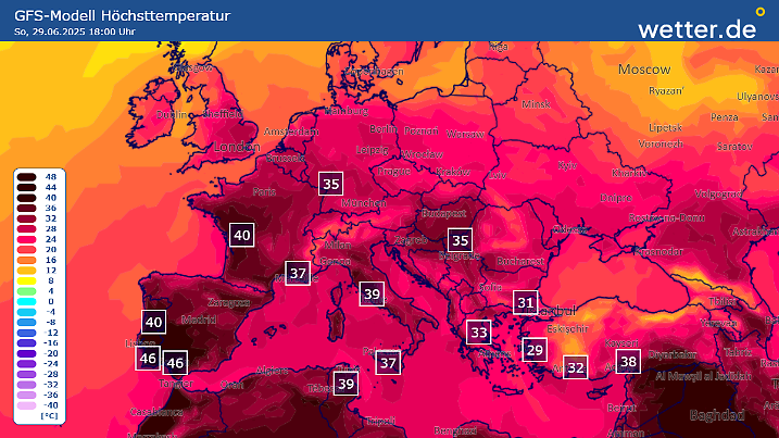 Diese Berechnung für die Höchsttemperaturen am Sonntag zeigt eindrucksvolle Werte. Wenn es so kommt, dann könnten die Temperaturn in Spanien bis zu 46 Grad erreichen.