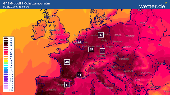 Temperaturen am Dienstag, 25. Juni, in Deutschland