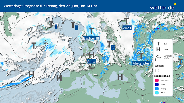 Prognose für die Wetterlage am Freitag, dem 27. Juni: Mit Hoch Anita wird es ruhiger