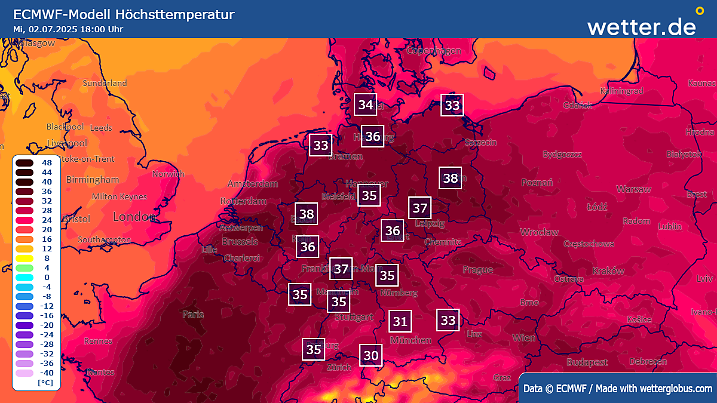 Die Höchstwerte am Mittwoch laut ECMWF-Modell
