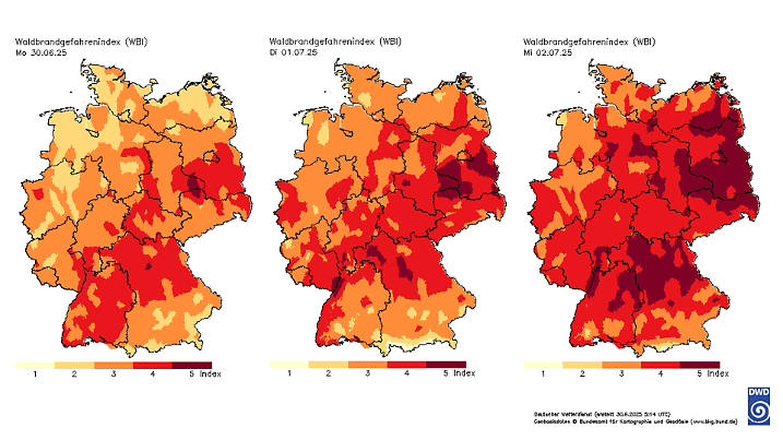 Waldbrandgefahrenindex des DWD für den 30. Juni bis 2. Juli 2025 in Deutschland