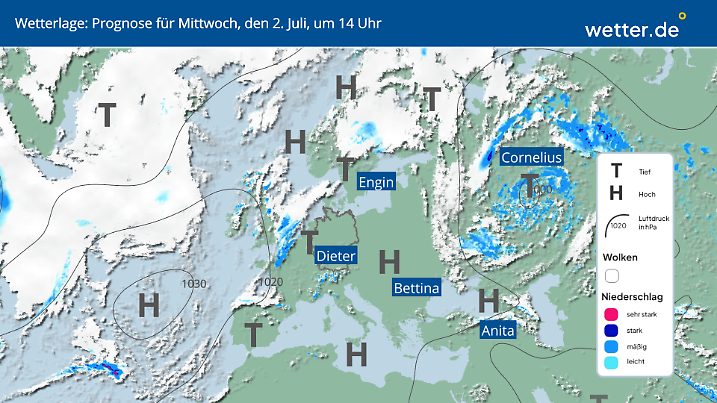 Karte Wetterlage in Deutschland am 2. Juli 2025