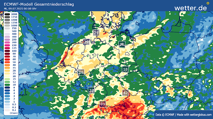 Regenmengen bis Mittwoch, 09.07.2025, 0 Uhr