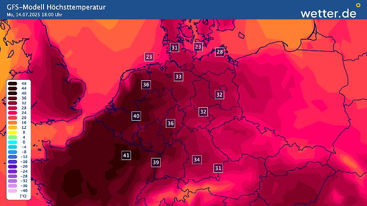 Das Gros der Wettermodelle lässt erneut eine ausgeprägte Hitzewelle nach Deutschland schwappen - hier die Berechnung des amerikanischen GFS-Modells.