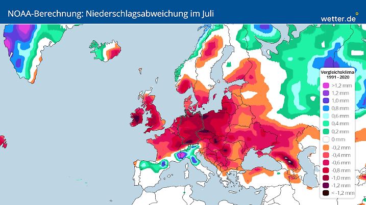 Die tägliche Niederschlagsabweichung im Juli ist in weiten Teilen Europas laut NOAA-Prognose extrem.