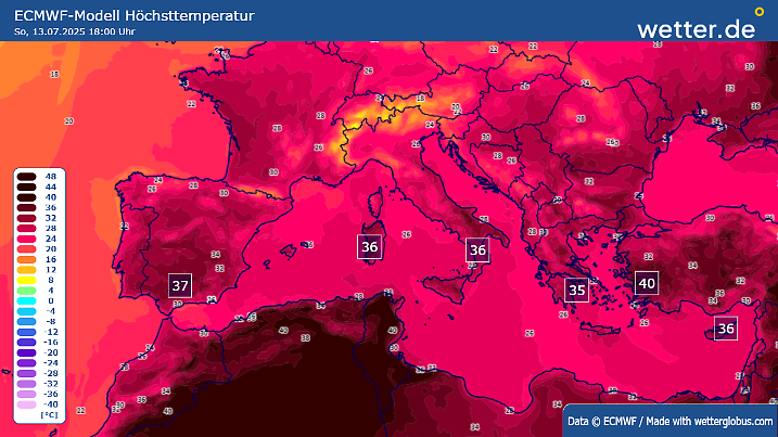 Temperaturprognose für Sonntag, den 13.7.2025: Jetzt auch in Italien - in noch mehr Regionen am Mittelmeer ist es heiß.