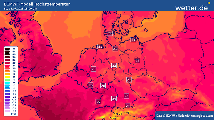 Geht es nach dem europäischen Wettermodell, dann bleibt der Sommer auch am Wochenende in Sachen Hitze entspannt. Das amerikanische Wettermodell liegt in der aktuellen Prognose rund 3 bis 4 Grad darüber - hat also ein rascheres Hochsommer-Comeback im Fokus.