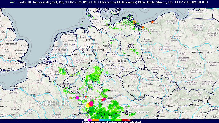 Die bunten Kreise geben die Aktivität der Gewitter wieder, grün bedeutet Regen