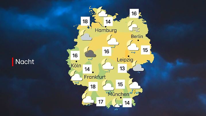 In der Nacht ziehen die Gewitter über den Südosten ab.