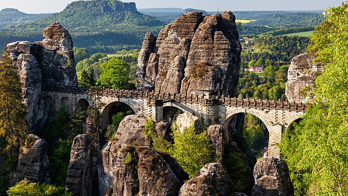 Bastei bridge in Saxon Switzerland at springtime, Germany