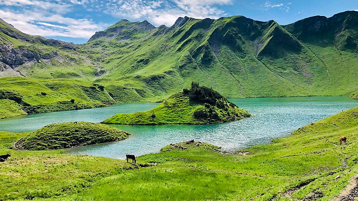 Lake Schrecksee - A beautiful turquoise alpine lake in the Allgaeu alps near Hinterstein in Bavaria, Germany.