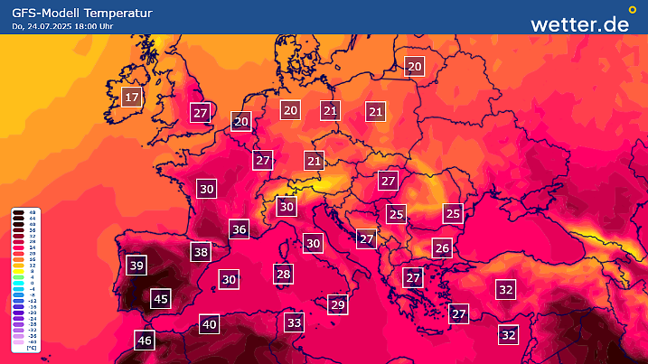 Berechnung des amerikanischen GFS-Wettermodells für den 24. Juli: Extreme Hitze auf der Iberischen Halbinsel mit teils um 45 Grad.