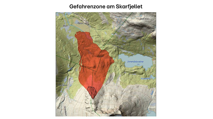 Gebiet der mögliches Gerölllawine bei einem Bergsturz des Skarfjellet