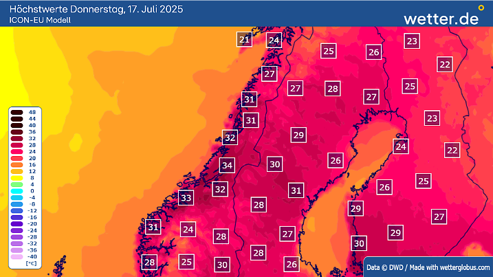 Krasse Hitzewelle in Norwegen mit Spitzen um 34 Grad in den Wettermodellen für den 17. Juli 2025