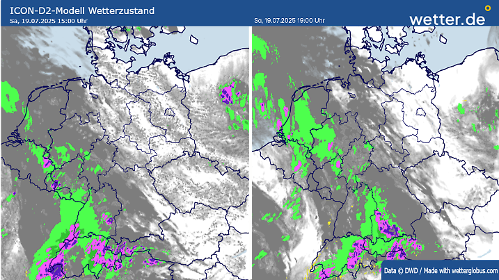 Von Südwesten erreichen uns am Samstag erst Wolken (grau), dann Schauer (grün) und teils heftige Gewitter (lila bis grau).