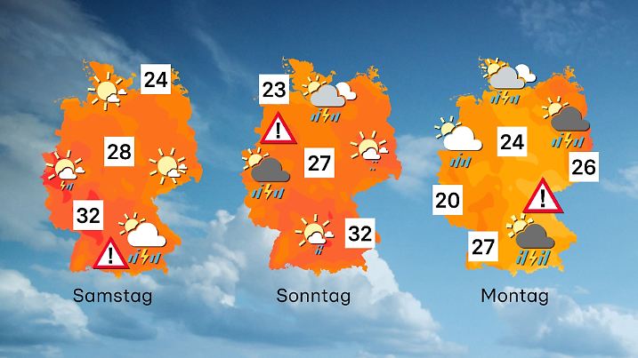 Wetter von Samstag bis Montag: Bis zum Wochenstart arbeitet sich die Gewitter mit Unwettergefahr in den Osten voran.