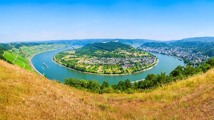 Boppard town aerial panoramic view from Gedeonseck viewpoint. Boppard is the town in the Rhine valley in Germany.