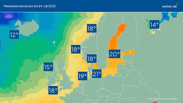 Diese Karte zeigt die Wassertemperaturen an verschiedenen Küsten