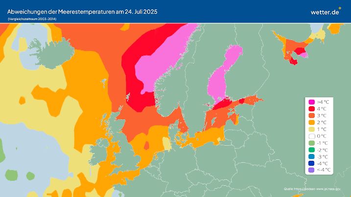 Diese Karte zeigt, wie stark die Wassertemperaturen von den Durchschnittswerten im Vergleichszeitraum 2003 bis 2014 abweichen