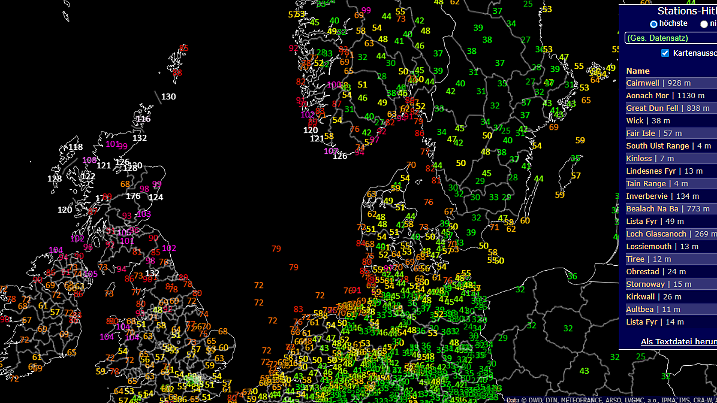 Die maximalen Böen der letzten 24 Stunden (Stand 7 Uhr)