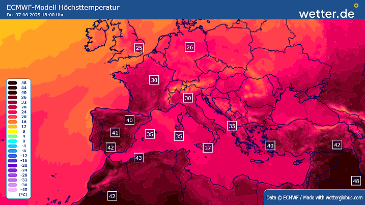 Prognose für die Höchsttemperaturen am Donnerstag: In Spanien liegen die Werte teils über 40 Grad