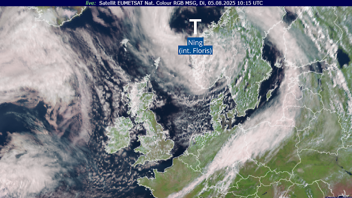Satellitenbild um 12:15 Uhr: Das Sturm- und Orkantief Ning (international Floris) liegt über Skandinavien. Gut zu sehen ist auch die zugehörige Kaltfront über Deutschland