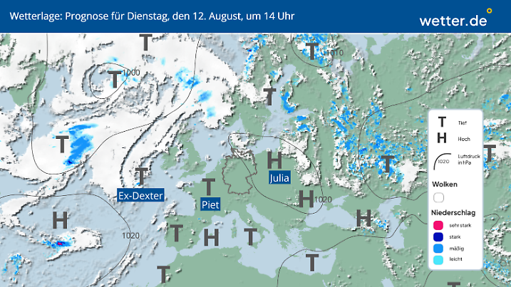Die Wetterlage am Dienstag, 12.08.2025 um 14 Uhr