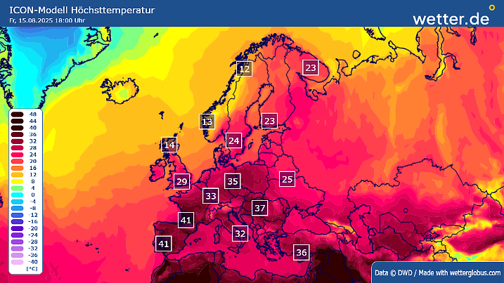 Die Höchsttempersturen über Europa am Freitag, 15.08.2025 nach dem ICON-Modell
