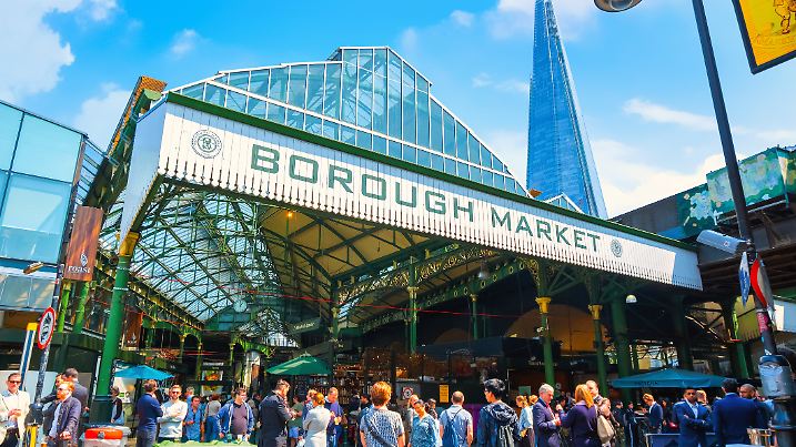 London, UK - May 23 2018: Unidentified people at Borough Market in Southwark, one of the largest and oldest food markets in London, today the market mainly sells speciality foods to the public