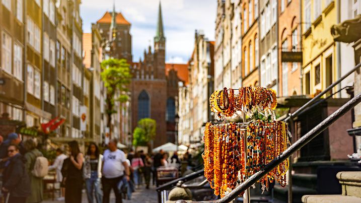 Beautiful Mariacka street in Gdansk. Amber jewellery shops and walking tourist