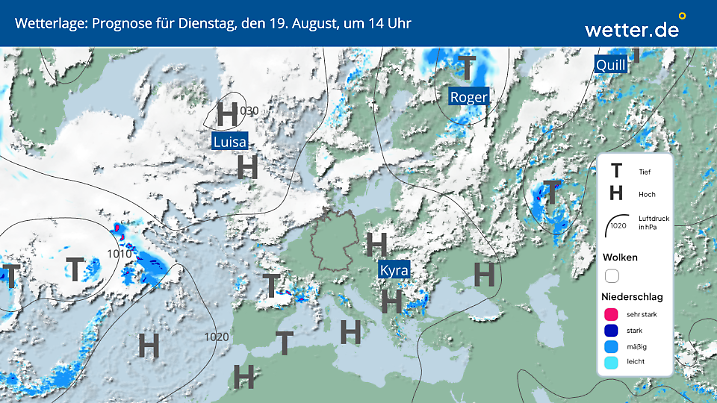 Das Hoch Kyra liegt mit seinem Zentrum über Deutschland.