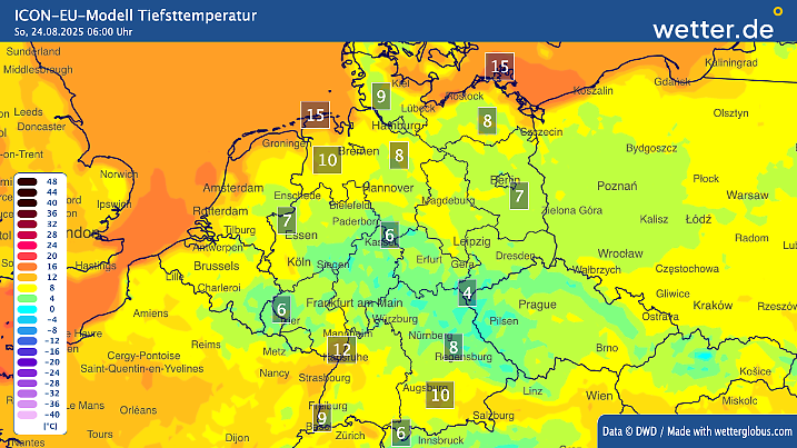 Die kälteste Nacht der Woche dürfte die Nacht zum Sonntag werden - entlang der Mitte mit Bodenfrostgefahr.
