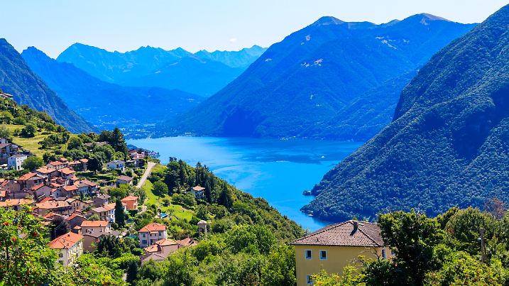 Scenic view of lake Lugano from Monte Bre mountain in Ticino canton, Switzerland