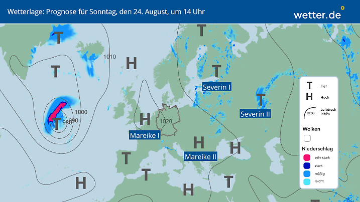 Deutschland befindet sich aktuell unter dem Einfluss eines Tiefs im Nordosten und einem Hoch aus dem Süden.