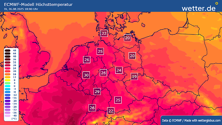 Höchstwerte am Dienstag, 26.08.2025