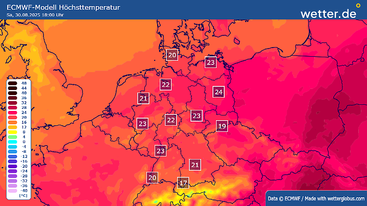 Die Höchstwerte für Samstag, 30.08.2025