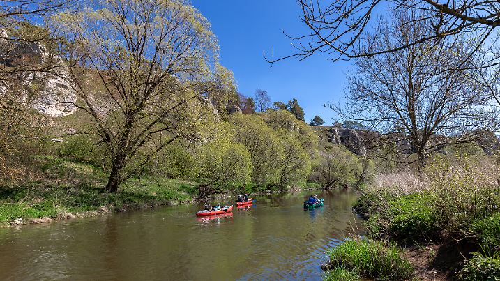 Boat trip on Altmuehl river in front of the Twelve Apostles, Solnhofen, Bavaria,